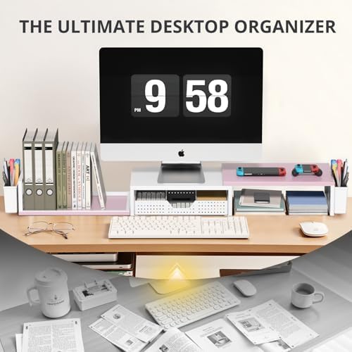 OPNICE Desk Organizers and Accessories, Dual Monitor Stand Riser with Drawer and 2 Pen Holders, Desk Shelf Printer Stand for Office Workspace Organizers, Desktop Organization (Pink-White)