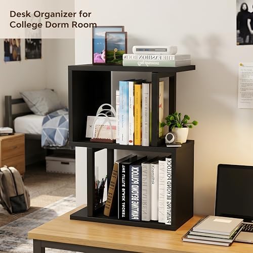 Desk Shelf Organizer, Small Desktop Bookshelf Wood, Black