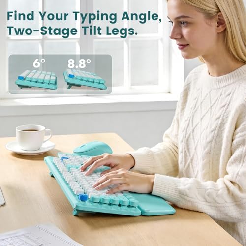Wireless Keyboard Mouse Combo, Magnetic Wrist Rest, Round Keycap, Aqua Blue