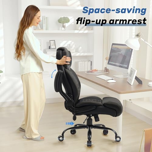 500LBS Big and Tall Executive Office Chair with Adjustable Lumbar Support,Extra Wide Seat for Ergonomic Computer Desk Chair Flip-up Arm,Home Office Chair Spring Cushion Upgraded Metal Base, PU Black