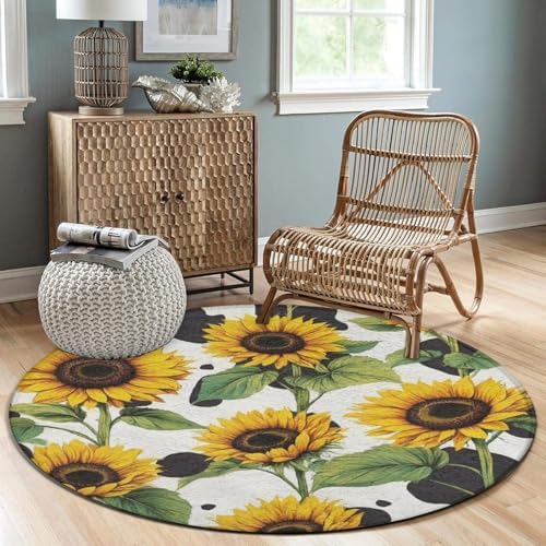 Machine Washable Modern Round Area Rug, Room Sofa Yoga Soft Round Carpet, Home Decor Non Slip Kitchen Office Circle Rug 80s Vintage Cow Print Sunflowers, 36inch