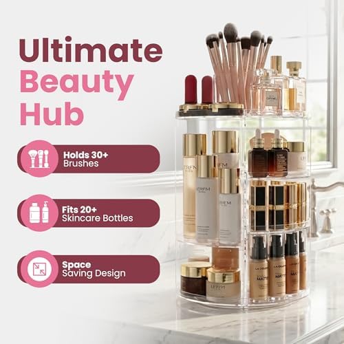 Masirs 360 Rotating Makeup Organizer Countertop, Adjustable Shelf, Clear