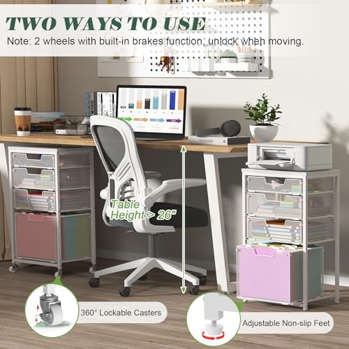 Sbanmao 4 Drawer Rolling File Cart with Wheels, Mobile Filing Cabinet for Home Office, Hanging File Organizer, Under Desk Storage, Multifunctional Utility Cart Printer Stand, White