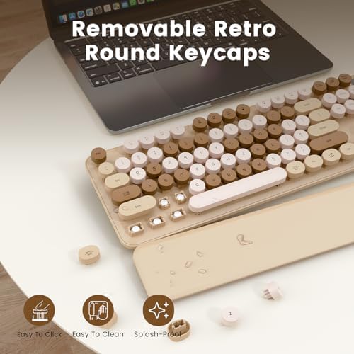 Wireless Keyboard, Round Keycaps, Retro Typewriter Keyboard with Magnetic Wrist Rest, Sleep Mode, Foldable Legs, 2.4GHz Full-Size Cordless Computer Keyboard for Windows PC, Laptop (Beige & Brown)