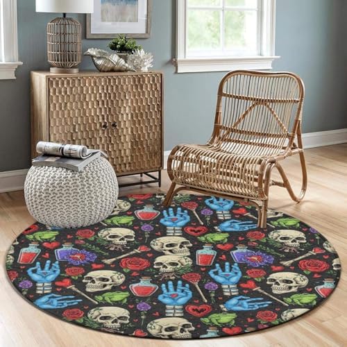 Fashion Round Area Rug Large Non Slip Carpet, Halloween Goth Skull Mushroom Vampire Magic Witch Witchcraft Unisex Home Decor Mat, 60inch