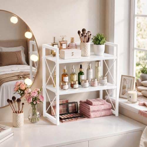Adjustable Desktop Bookshelf, Metal Desk Shelf Organizer, White