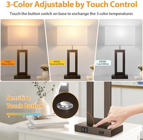 3 Color Temperatures Brown Table Lamps for Bedrooms Set of 2, 22’’ Touch Control Bedside Nightstand Lamps with 2 USB Ports & AC Outlet, Modern Lamp Sets for Living Room, Stepless Dimming, White Shade