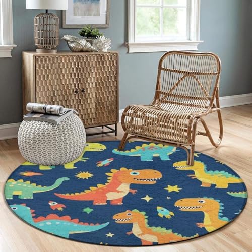 Large Machine Washable Circular Rugs, Home Decor Round Mat for Living Room Sofa Office Dinosaurs
