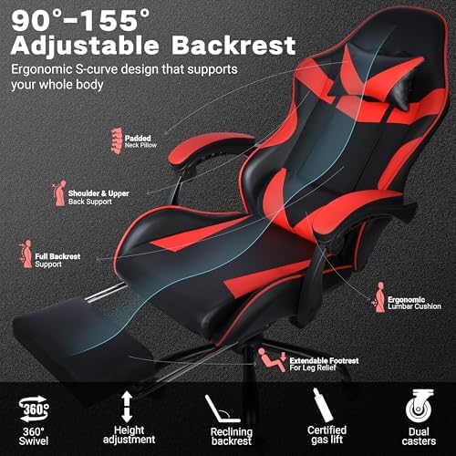 Gaming Chair with Footrest and Lumbar Support, Height Adjustable Chair with 360°Office Desk Chair,Heavy Duty 330lbs Computer Chair for Adults