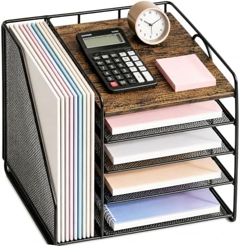 OPNICE Desk Organizer, 5-Tier Paper Organizer Letter Tray, Brown Wood