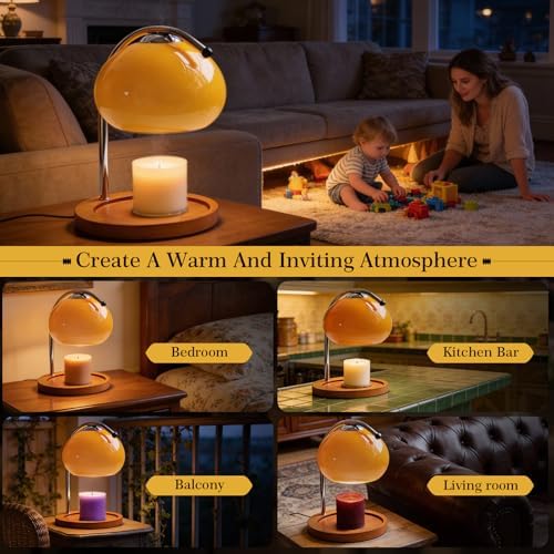 Topyond Aroma Wax Melting Lamp, Retro Wood Glass Candle Warmer，Yellow