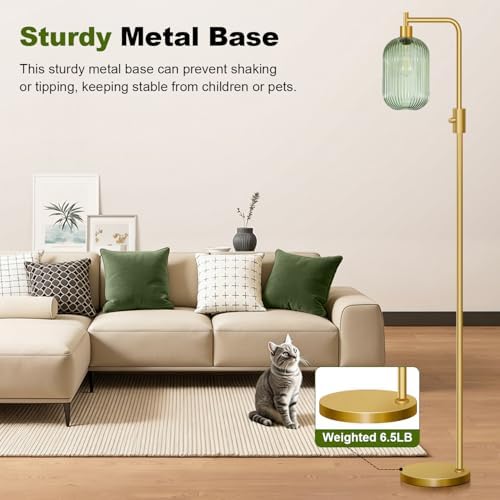 【Upgraded】 Dimmable Floor Lamp for Living Room with Green Ribbed Glass Lampshade, Gold Modern Floor Lamp with 900LM LED Bulb Included, Arc Standing Tall Lamp for Bedroom, Office, Reading Room, Corner