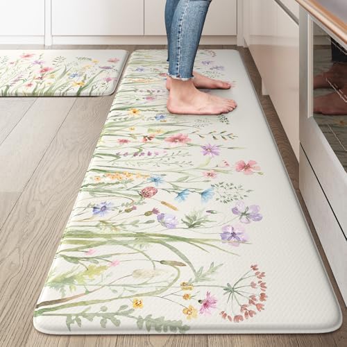 KIMODE Anti Fatigue Kitchen Mats for Floor, Farmhouse Floral Kitchen Rugs