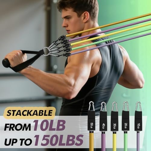 WHATAFIT Resistance Bands with Handles, 150 lb Exercise Bands Set
