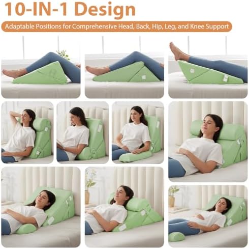 BIEEZZK Wedge Pillow Set for After Surgery, Wedge Pillow for Acid Reflux, Bed Wedge Pillow with Adjustable 9&12inch for Headboard,Sleeping, Orthopedic Memory Foam for Neck&Back Support, Green