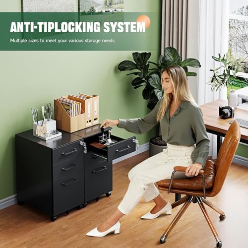 Letaya 3 Drawer Mobile File Cabinet with Lock,Under Desk Metal Filing Cabinets for Home Office Organizer,Small Rolling Printer Stand with Wheels,for Letters/Legal/A4(Assembly Required) (Black)