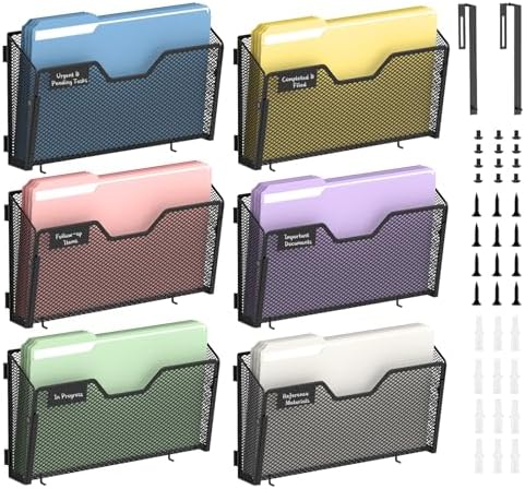 Wall File Organizer, 6 Pack Metal Wall File Holders, Black