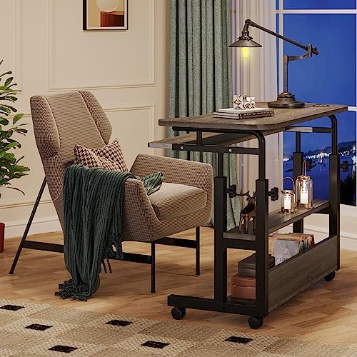 Tribesigns Portable Desk with Power Outlets, Height Adjustable Side Table Sofa Couch Bedside Laptop Computer Cart with USB Charging Ports, Mobile Small Standing Desk with Keyboard Tray