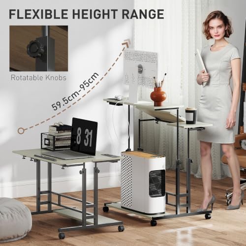HOMCOM Height Adjustable Standing Desk Power Outlets Lockable Wheels, Oak