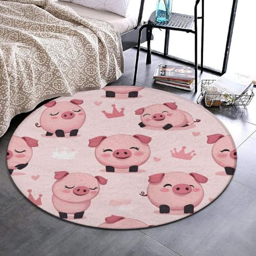 Soft Round Yoga Carpet, Large Home Decor Mat, Non Slip Machine Washable Kitchen Office Circle Rug Cute Pig Pink