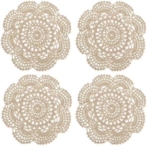 uxcell 4 Pcs Crochet Handmade Placemat Doilies for Table 7.9" Light Brown