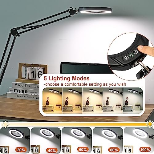 VEEMAGNI 5 Inch Large Real Glass Magnifying Glass with Light and Stand, 5 Color Modes Stepless Dimmable, 2*16 Inch Swivel Arm LED Clamp Desk Lamp, Hands Free 12X Lighted Magnifier for Close Work Craft