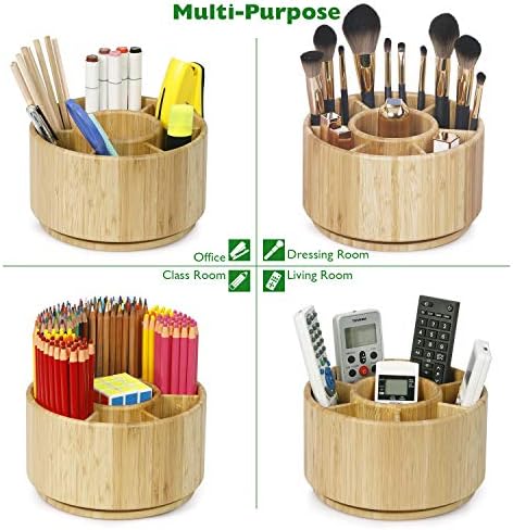 Bamboo Rotating Pencil Holder for Desk,Pen Holder with 7 Compartments