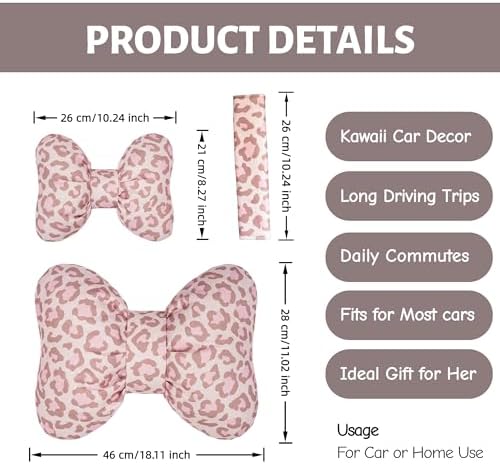 2Pcs Car Headrest Pillow Cute Pink Leopard Bow Car Decor for Women