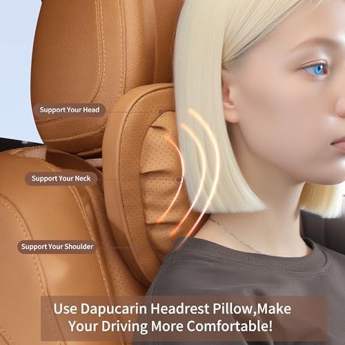 Car Neck Pillow [No More Pressure] Soft Comfortable Premium Leather Headrest with Adjustable Strap – Ergonomic Support for Driving, Office & Gaming, Palomino Brown, 2 Pack