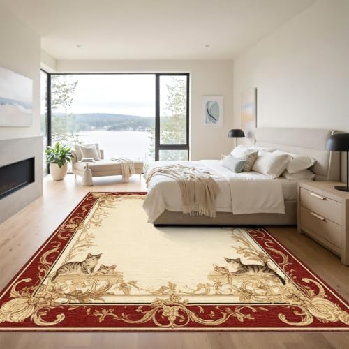 9'x12' Ivory Cat Crimson Motif with Swirls Washable Area Rug