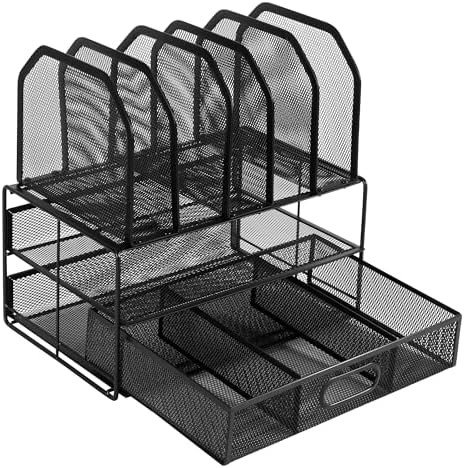 Amazon Basics Mesh Desk Organizer with Sliding Drawer, Double Tray and 5 Upright Sections, File Holder for Office Supplies, Paper Letter Tray, Black