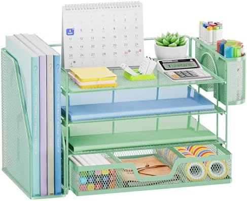 Marbrasse 4-Tier Paper Tray Organizer with Drawer and Pen Holder, Green