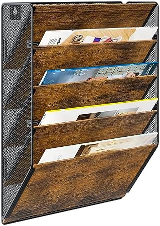PAG-Mass Wall File Organizer for Office, 5-Tier Rustic Hanging File holder Wall Storage Rack for Documents/Magazine/Literature/File Folders/Mails/Envelopes, Brown