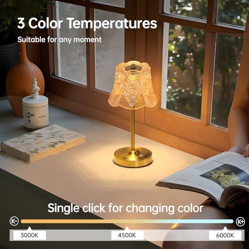 Shenmoyl Cordless Touch Table Lamp with 5200mAh Battery - 3 Adjustable Color Temperatures & Dimmable, Rechargeable Desk Lamp for Bedroom, Living Room, Office, Entryway, Bookshelves (Amber Rose)