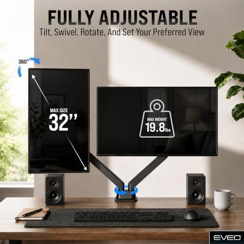 EVEO Premium Dual Monitor Mount 14"-32” Dual Monitor Arm VESA Bracket Adjustable Height Gas Spring Dual Monitor Stand, Screen Full Motion Dual Monitor Arm-Computer Monitor Stand for 2 Screens - Black