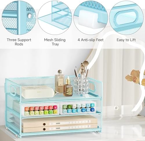 Subekyu 3 Tier Paper Desk Organizer with Handle and 1 PC Slideable Letter Tray, A4 Paper File Folder Sorter Metal Mesh Organizer for Home Office School Desk Supplies Organization Storage, Blue