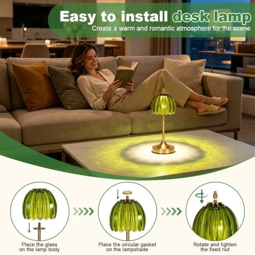 Glass Tulip Table Lamp, Cordless Rechargeable Desk Lamp - Green