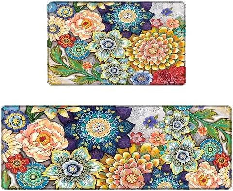 Boho Floral Kitchen Rugs Mats for Floor 2 Piece Memory Foam Padded Kitchen Mats Anti Fatigue Non Slip Cushioned Comfort Standing Mat, 17.3x28+17.3x47 Inch