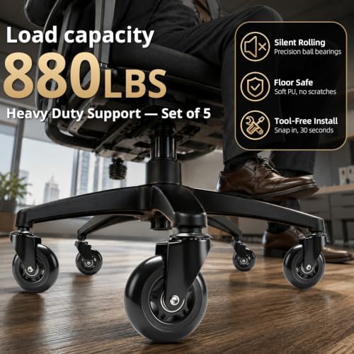 Office Chair Wheels 3 Inch, Set of 5, 880LBS Silent Casters, Black