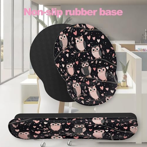 Cute Owl Pink Heart Keyboard Wrist Rest Pad Mouse Pad Set,Ergonomic Mousepad Wrist Support Memory Foam Desk Pad for Gaming Office,Non-Slip Rubber Base Easy Typing for Home Office Computers