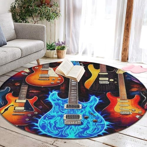 Large Home Decor Mat, Soft Round Yoga Carpet, Non Slip Machine Washable Home Office Circle Rug Music Guitar