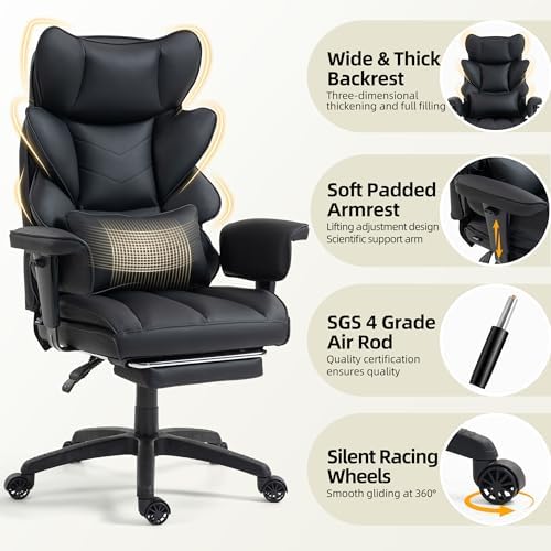 Office Chair,Executive Ergonomic Office Chair with Pocket Spring Cushion, High Back Computer Gaming Chair with Adjustable Armrests, Lumbar Support, Footrest, Executive Chair - Black PU Leather