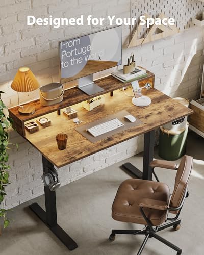 Agilestic 48*24 Inch Electric Standing Desk with Shelf & Led, Rustic Brown