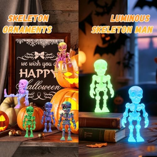 14 pcs 3D Printed Skeleton Figurines, Colorful 3.15 Inch Halloween Decorations, Fun Spooky Skull Toys for Desk, Party, or Shelf Display