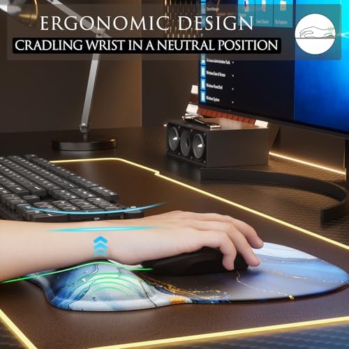 MROCO Ergonomic Mouse Pad with Gel Wrist Rest, 9.4 x 8.1 in, Blue Marble