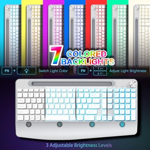 GAMCATZ Wireless Keyboard and Mouse Backlits - Full-Sized Ergonomic Lighted Keyboard with Wrist Rest, Phone Holder,2.4GHz Rechargeable Silent Keyboard Mouse Combo for Computer, Laptop, PC, Mac -White