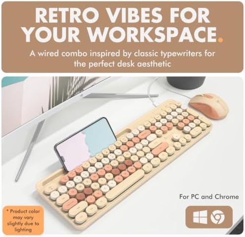 X9 Wired Keyboard and Mouse Combo with Phone/Tablet Holder - Full-Sized 109 Keys Pastel Keyboard and Adjustable DPI, Backlit Keyboard and Mouse for PC, Windows, MAC, Desktop, Laptop - Brown