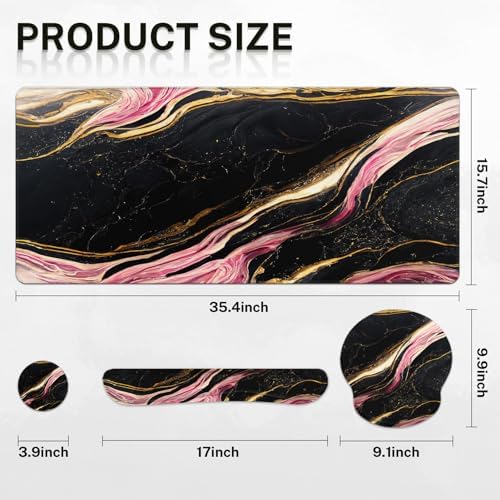 Britimes Keyboard Mouse Pad Set, 4 in 1 Desk Mat Set, Pink Black Marble