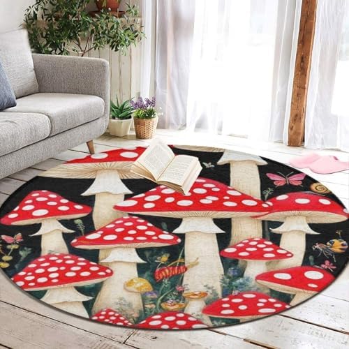 Soft Round Yoga Carpet, Large Home Decor Mat, Non Slip Machine Washable Kitchen Office Circle Rug Wild Mushrooms