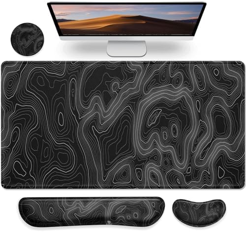 Gimars 4 in 1 Mouse Pad and Keyboard Wrist Rest Set, Large Mouse Pad with Memory Foam Wrist Support Pad for Desk with Coaster, Easy Typing Pain Relief, Gaming Office Home 31.5x12 in, Topographic Map